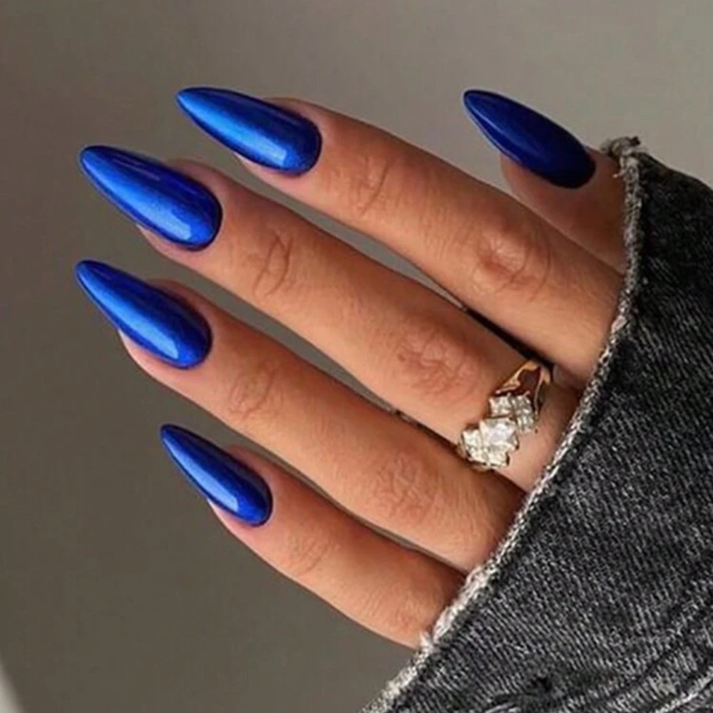 24pcs Blue Solid Almond False Nails + 1 Sheet Jelly Gel + 1 Nail File